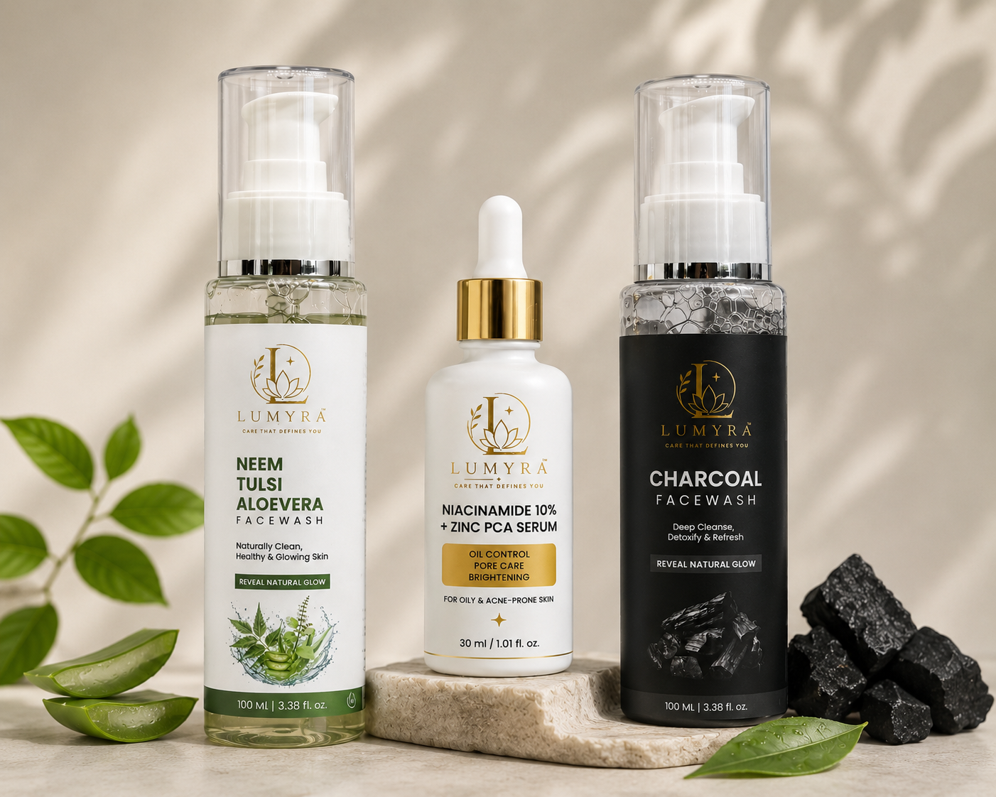 LUMYRA Complete Skincare Combo – Charcoal Face Wash + Neem Tulsi Aloe Vera Face Wash + Niacinamide 10% Serum