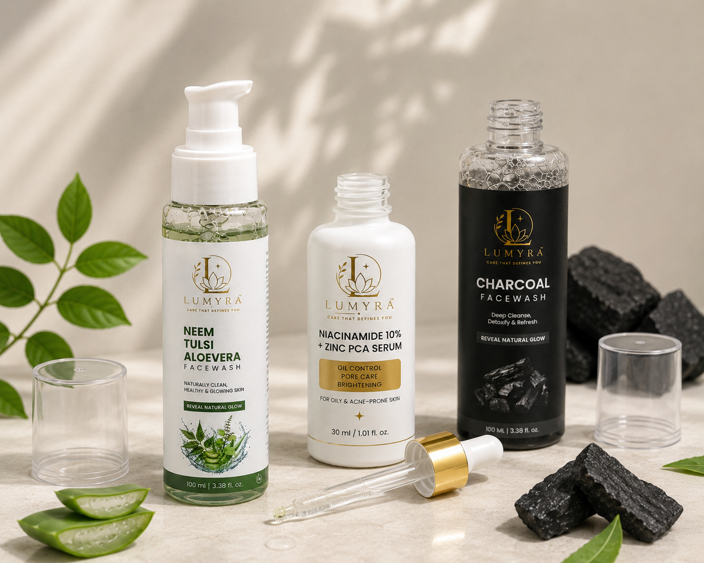LUMYRA Complete Skincare Combo – Charcoal Face Wash + Neem Tulsi Aloe Vera Face Wash + Niacinamide 10% Serum