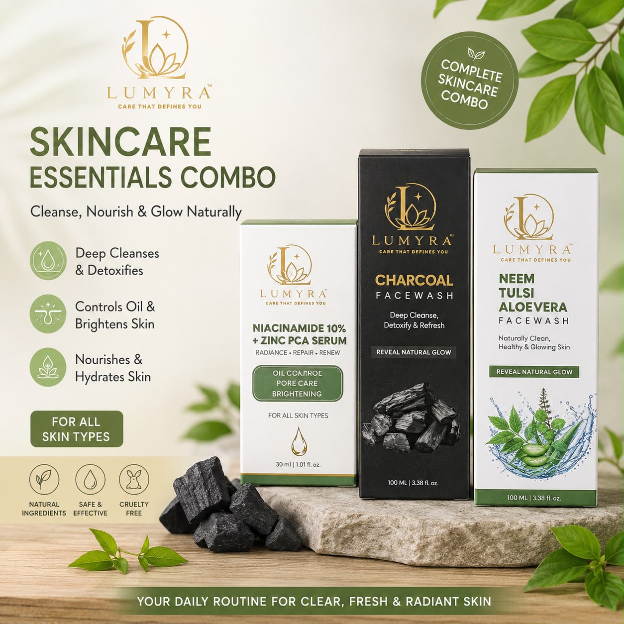 LUMYRA Complete Skincare Combo – Charcoal Face Wash + Neem Tulsi Aloe Vera Face Wash + Niacinamide 10% Serum